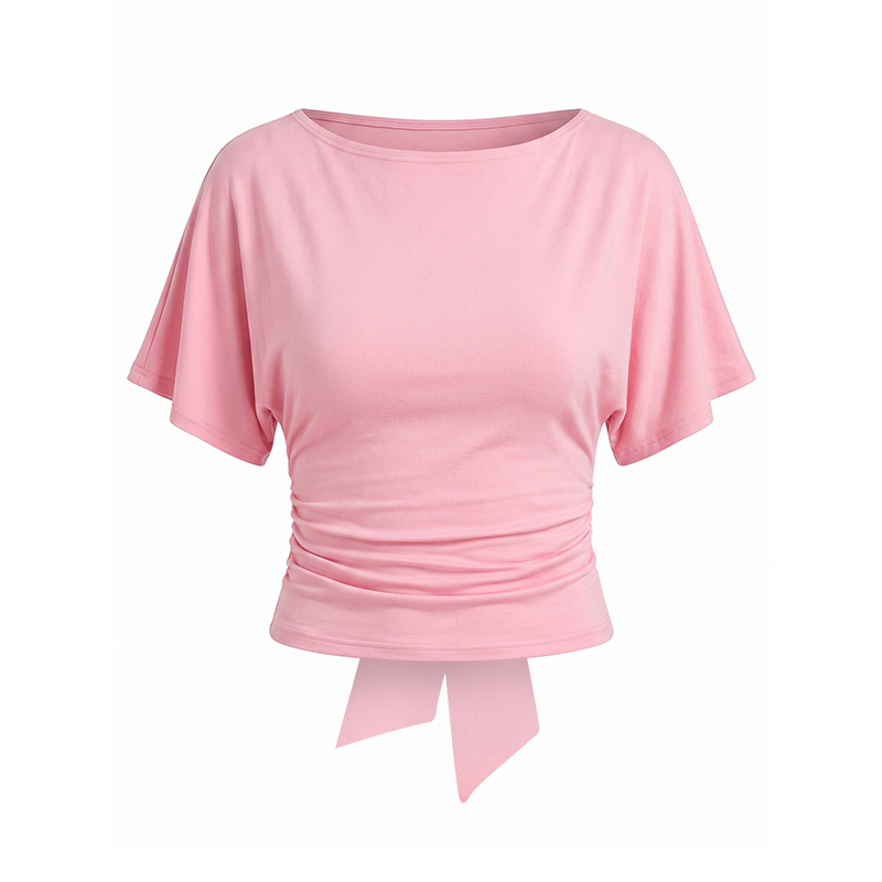 Solid Color Tie Waist Slim Fit T-shirt - Pink - US20-22(2XL) - image 5