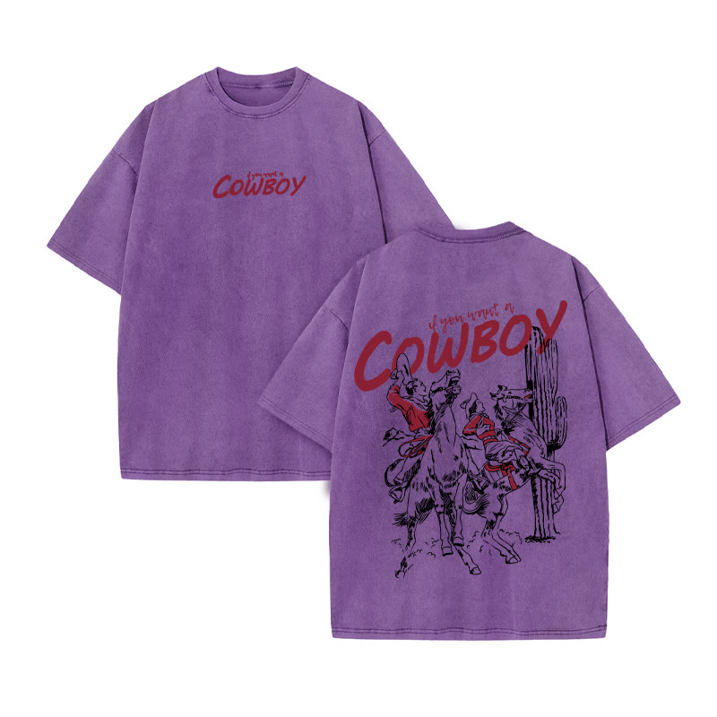 Unisex 100% Cotton Cowboy Print Acid Washed T-shirt