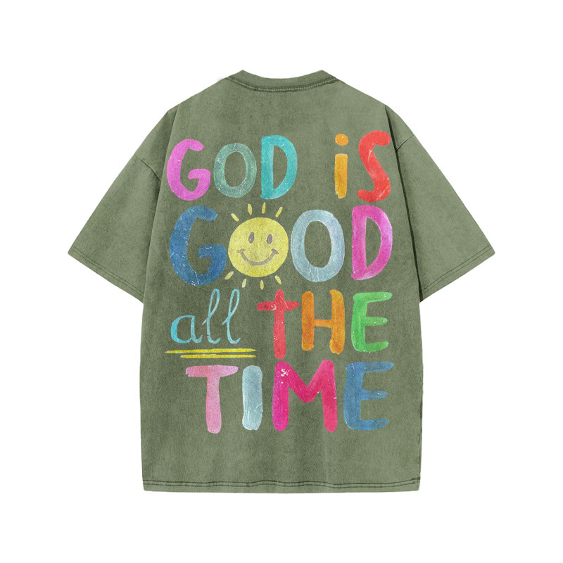 Unisex God Is Good All The Time Print Acid Washed T-shirt - Army Green - US20-22(3XL) - image 6
