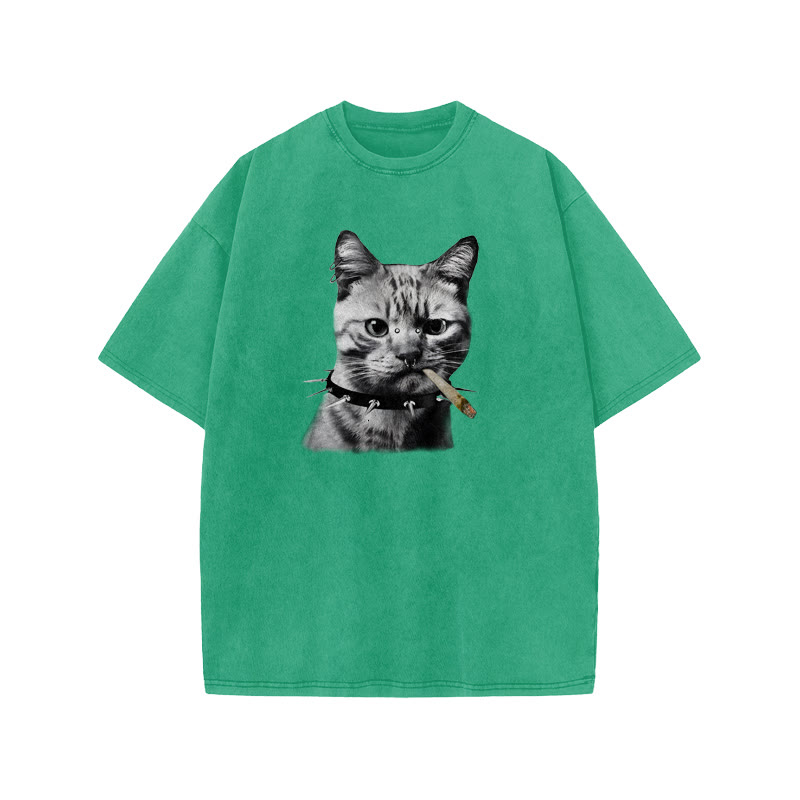 Unisex 100% Cotton Provoking The Cat Print Acid Washed T-shirt - Green - US20-22(3XL) - image 6