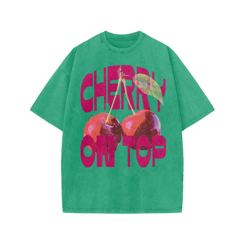 Cherry On Top Print Acid Washed T-shirt - Green - US20-22(3XL) - image 8