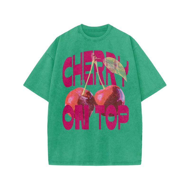 Cherry On Top Print Acid Washed T-shirt - Green - US20-22(3XL) - image 8