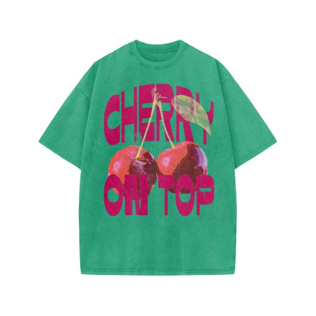 Cherry On Top Print Acid Washed T-shirt - Green - US20-22(3XL) - image 8