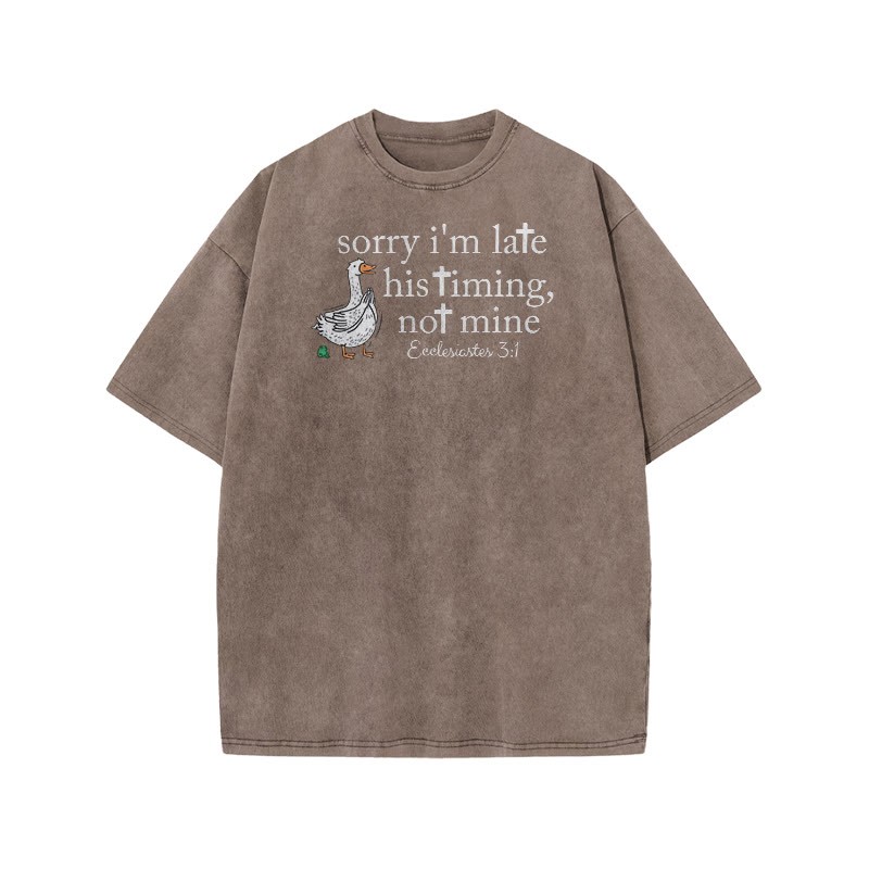 Unisex Sorry I'm Late, His Timing, Not Mine Ecclesiastes 3:1 Print Acid Washed T-shirt - Coffee - US20-22(3XL) - image 5
