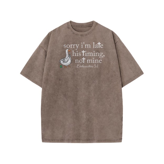 Unisex Sorry I'm Late, His Timing, Not Mine Ecclesiastes 3:1 Print Acid Washed T-shirt - Coffee - US20-22(3XL) - image 5