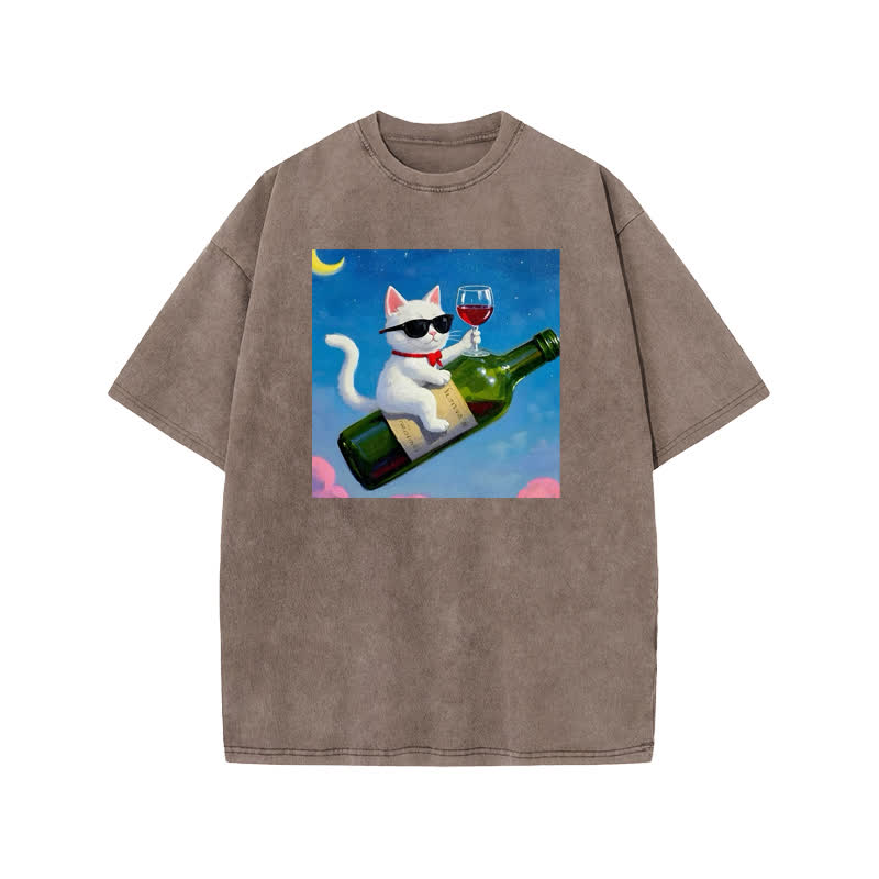 Unisex 100% Cotton Noble And Elegant Cat Print Acid Washed T-shirt - Coffee - US20-22(3XL) - image 3