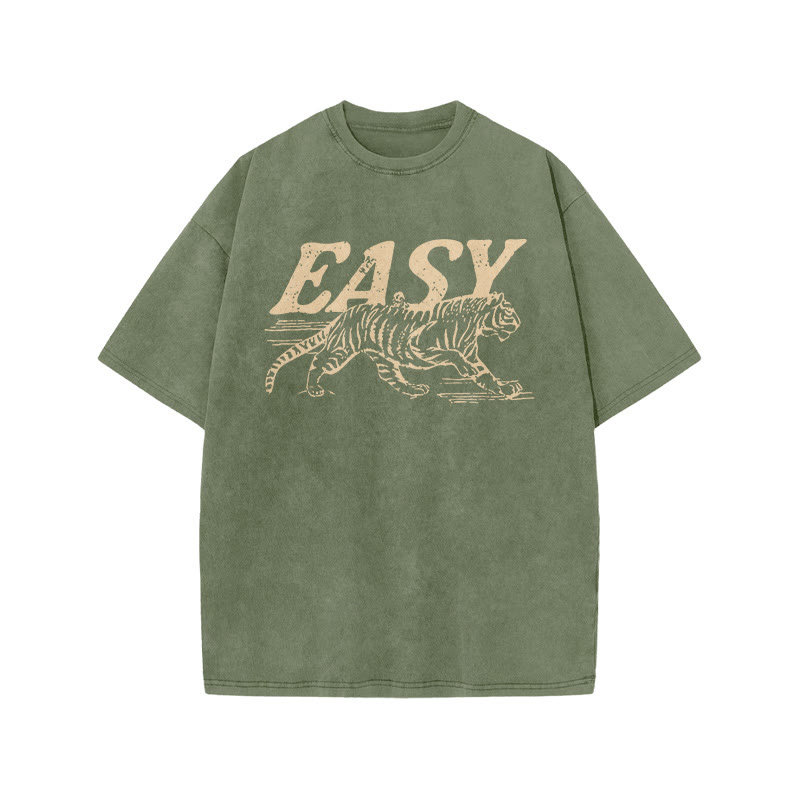 Unisex 100% Cotton Easy Tiger Print Acid Washed T-shirt