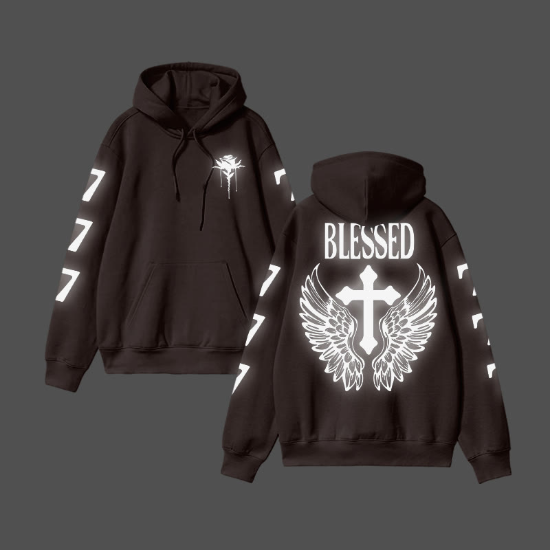 Unisex Blessed Cross Reflective Print Hoodie - Coffee - US16-18(2XL) - image 9