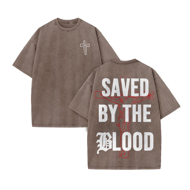Unisex 100% Cotton Saved By The Blood Cross Print Acid Washed T-shirt