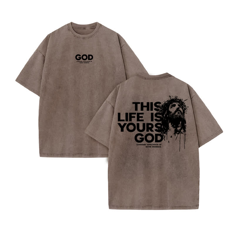 Unisex 100% Cotton This Life Is Yours God Print Acid Washed T-shirt - Coffee - US20-22(3XL) - image 4