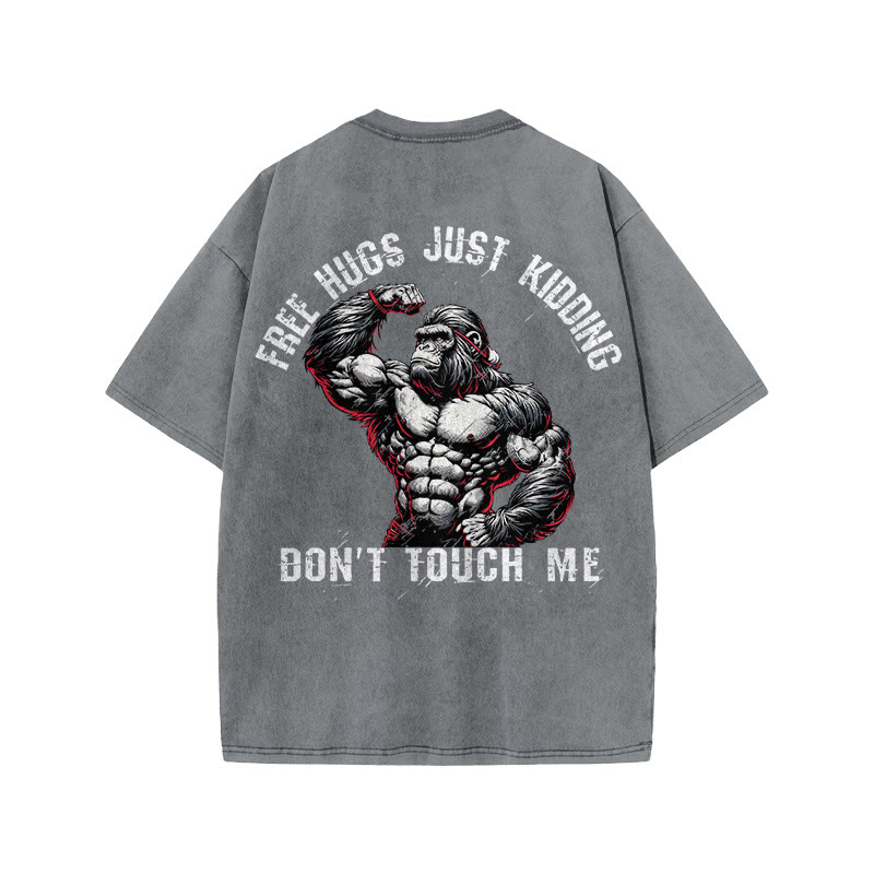 100% Cotton FREE HUGS Gym Print Acid Washed T-shirt - Grey - US20-22(3XL) - image 6