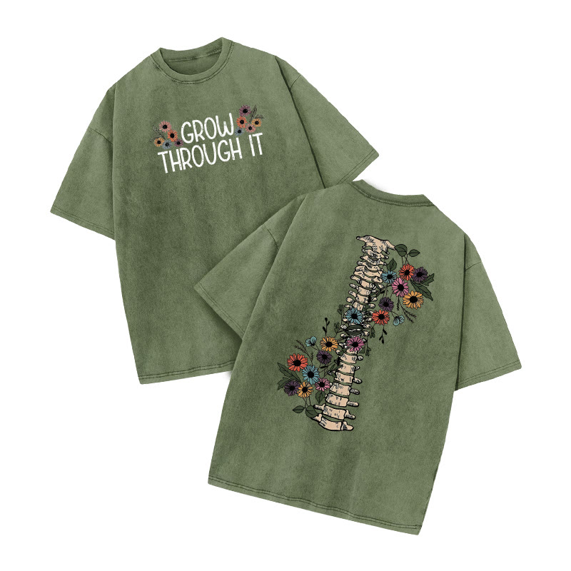Grow Through It Daisy Print Acid Washed T-shirt - Army Green - US20-22(3XL) - image 5