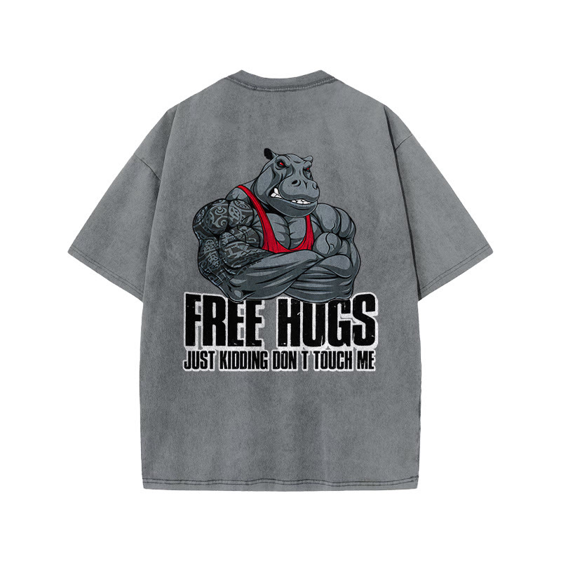 100% Cotton FREE HUGS Gym Print Acid Washed T-shirt - Grey - US20-22(3XL) - image 5