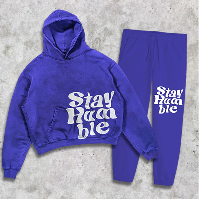 Hip-hop Style Stay Humble Print Hoodie Two-piece Set