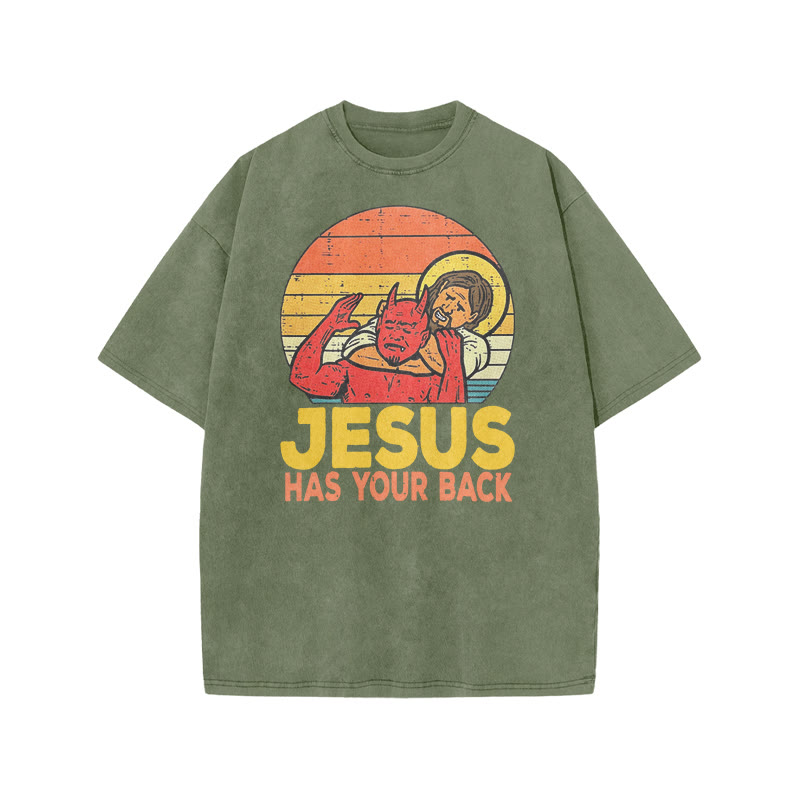 Jesus Chokeholding The Devil From Behind Print Acid Washed T-shirt - Army Green - US20-22(3XL) - image 6