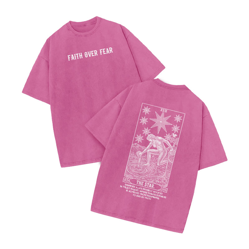Faith Over Fear Tarot The Star Print Acid Washed T-shirt - Pink - US20-22(3XL) - image 7