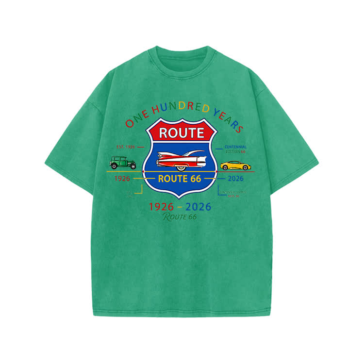 Vintage Route 66 Centennial Graphic Print Acid Washed T-shirt - Green - US20-22(3XL) - image 3