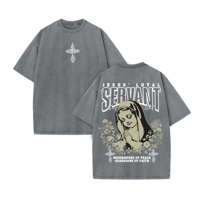 Unisex 100% Cotton Jesus Loyal Servant Print Acid Washed T-shirt - Grey - US20-22(3XL) - image 5