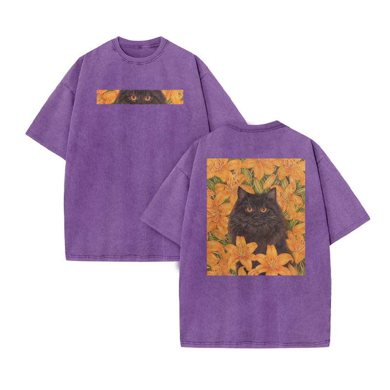 A Black Cat In A Field Of Golden Lilies Print Acid Washed T-shirt - Purple - US20-22(3XL) - image 8
