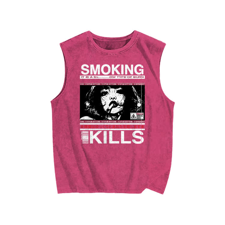 Smoking Kills Retro Manga Style Print Washed Tank Top - Rose - US20-22(3XL) - image 5
