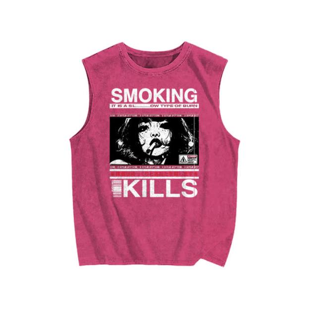 Smoking Kills Retro Manga Style Print Washed Tank Top - Rose - US20-22(3XL) - image 5