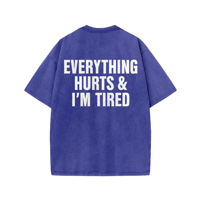 100% Cotton Everything Hurts & I'm Tired Gym Print Acid Washed T-shirt - Blue - US20-22(3XL) - image 8