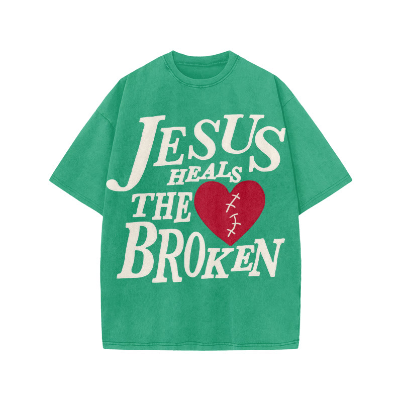 Unisex Jesus Heals The Broken Print Acid Washed T-shirt - Green - US20-22(3XL) - image 9