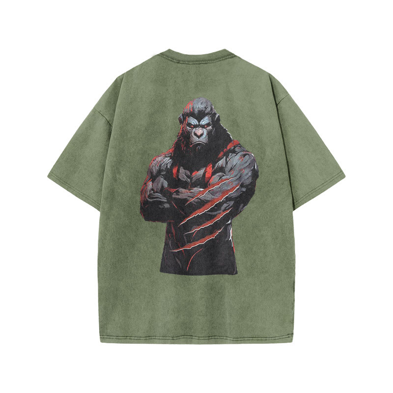 100% Cotton Workout Chimpanzees Gym Print Acid Washed T-shirt - Army Green - US20-22(3XL) - image 6