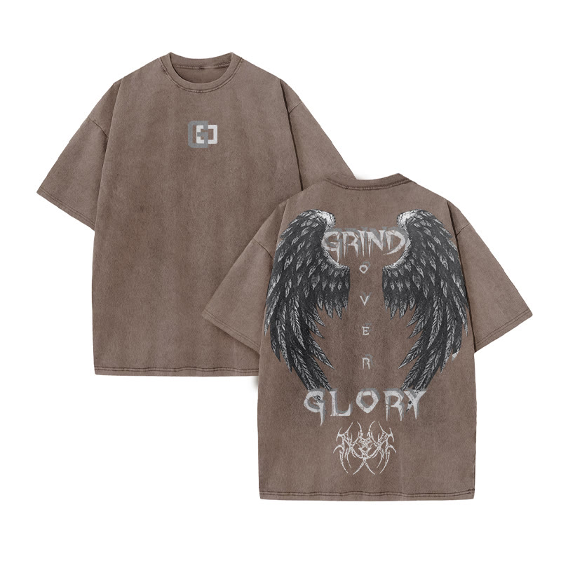Grind Over Glory Print Acid Washed T-shirt - Coffee - US20-22(3XL) - image 6