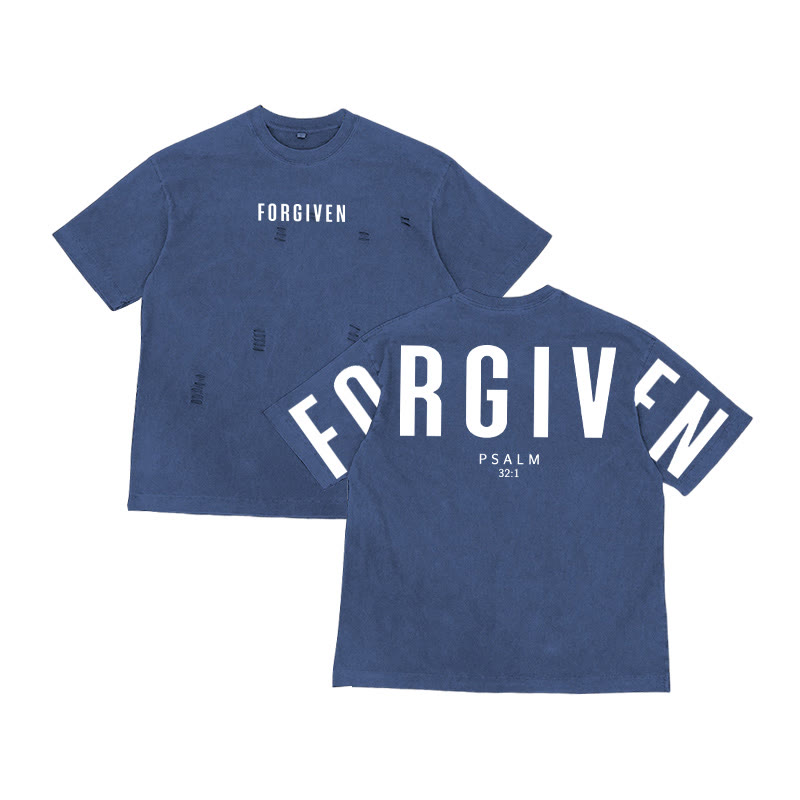 Unisex Forgiven Psalm 32:1 Print Washed Ripped T-shirt - Blue - US32-34(5XL) - image 3