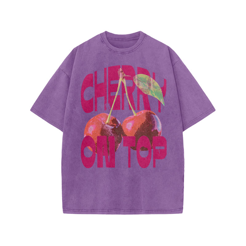 Cherry On Top Print Acid Washed T-shirt - Purple - US20-22(3XL) - image 6