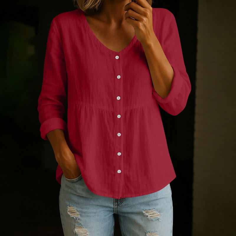 Cozy Solid Button V-neck A-line Long Sleeve Blouse - Red - 4XL - image 9