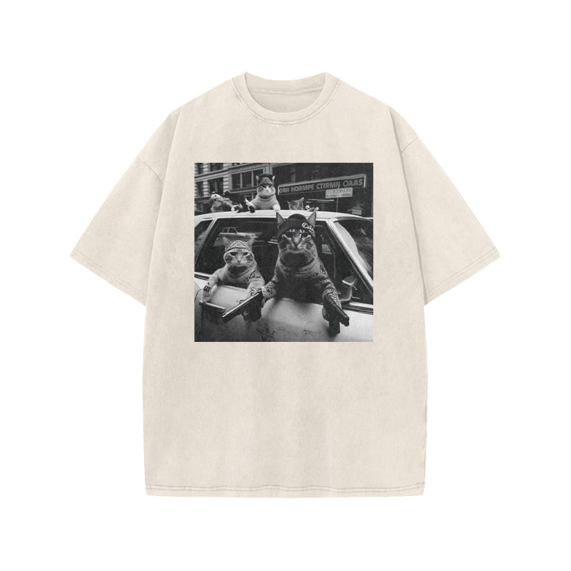 Funny Cat Gang Print Acid Washed T-shirt - Beige - US20-22(3XL) - image 3