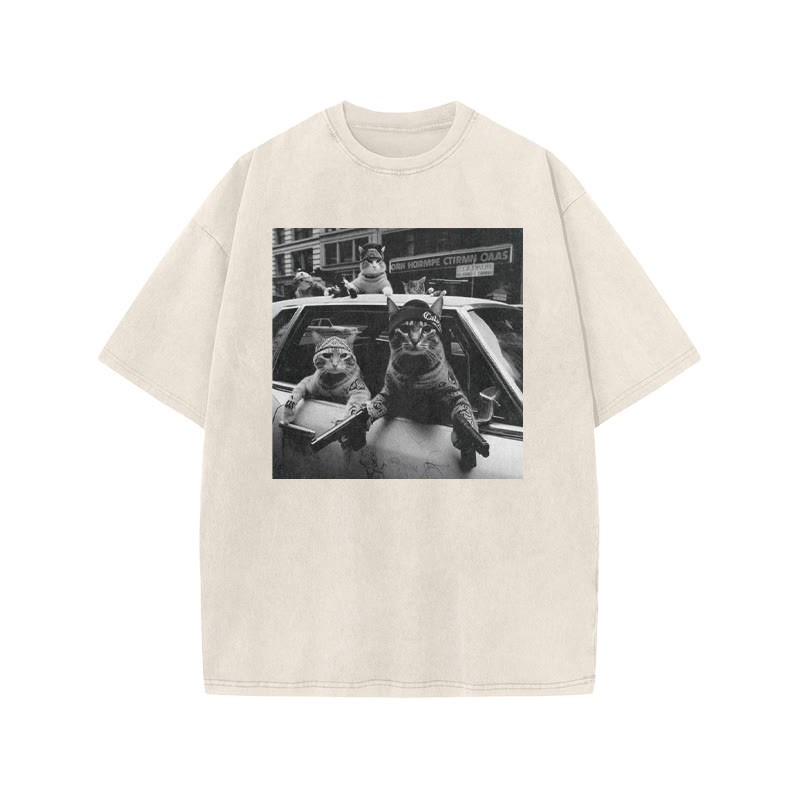 Funny Cat Gang Print Acid Washed T-shirt - Beige - US20-22(3XL) - image 3