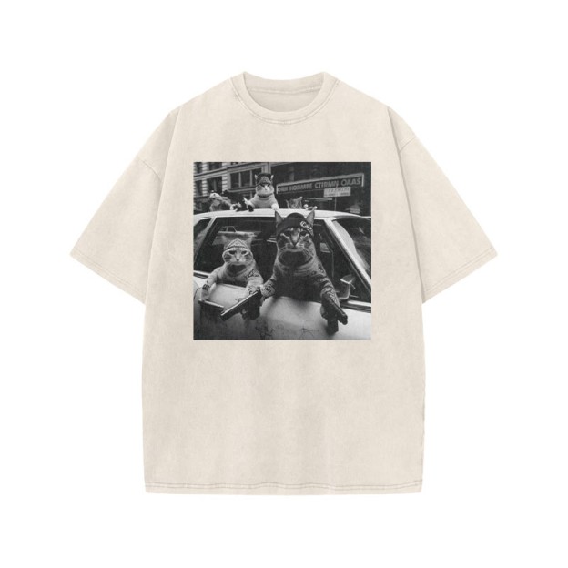 Funny Cat Gang Print Acid Washed T-shirt - Beige - US20-22(3XL) - image 3