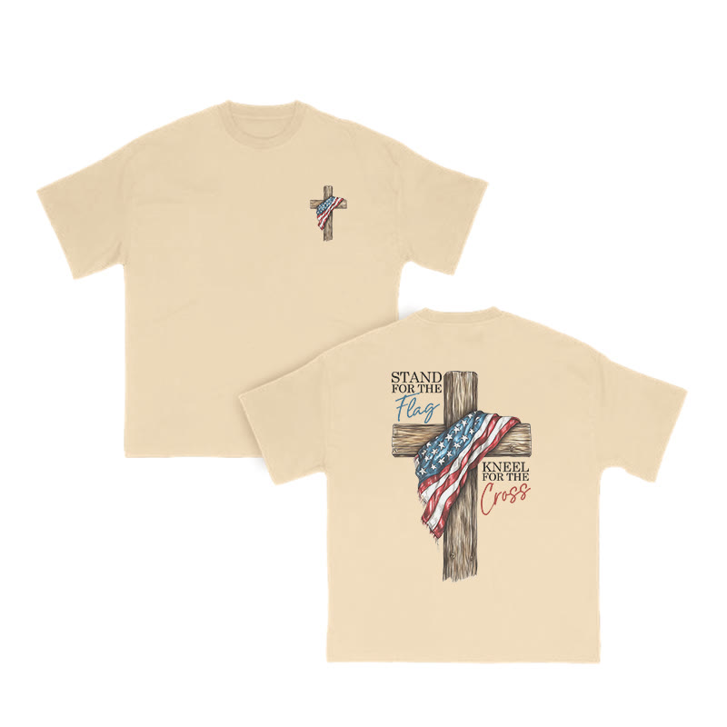 Unisex 100% Cotton Stand For The Flag Kneel For The Cross Print T-shirt - Apricot - US16-18(2XL) - image 6