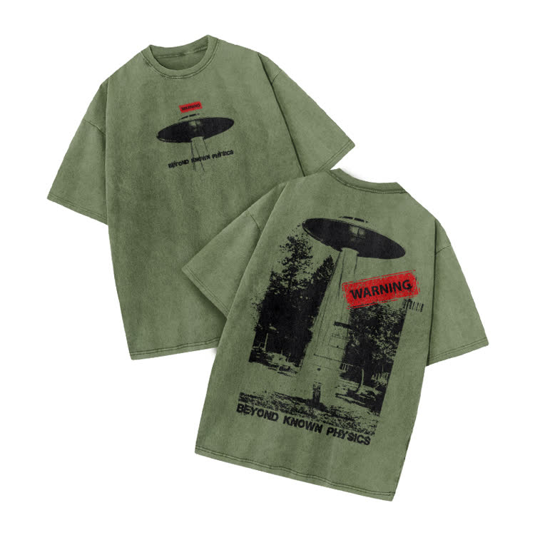 Sci Fi Street Warning Graphic Print Acid Washed T-Shirt - Army Green - US20-22(3XL) - image 9