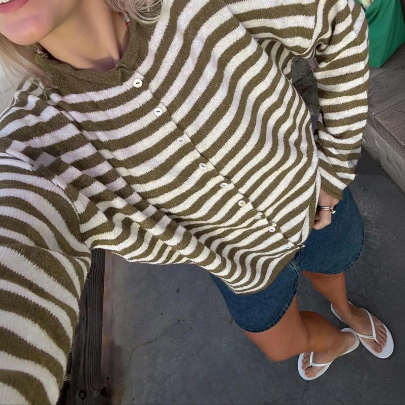 Women's Coastal Striped Knit Button Front Cardigan Sweater - image 12