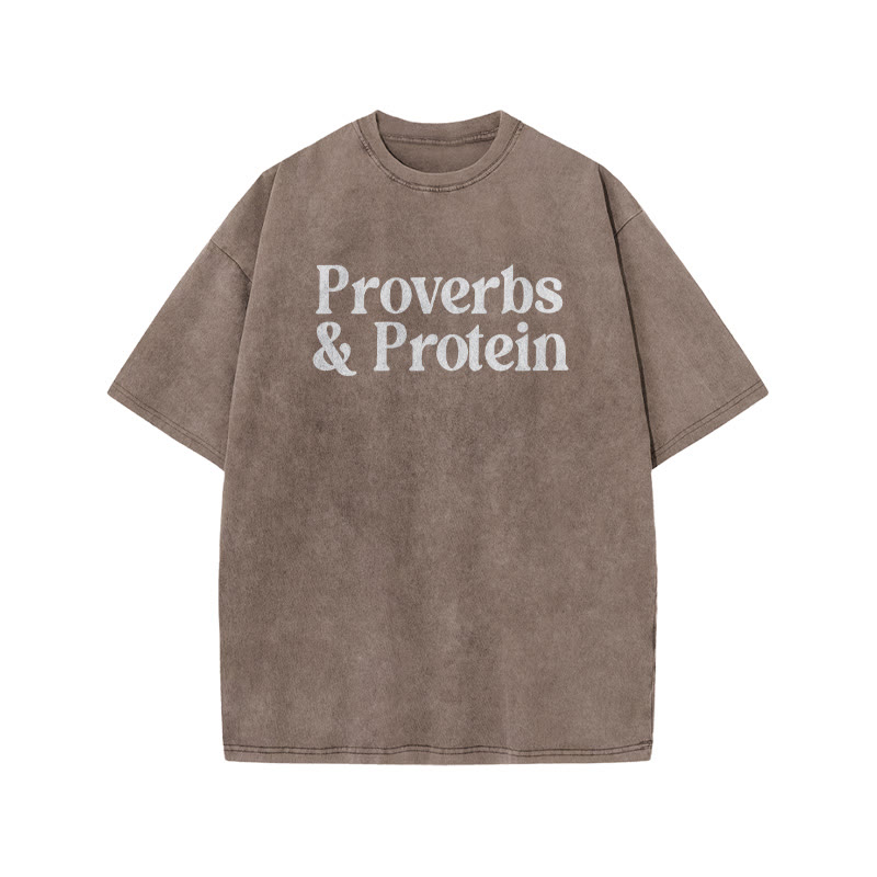 Proverbs & Protein Print Acid Washed T-shirt - Coffee - US20-22(3XL) - image 4