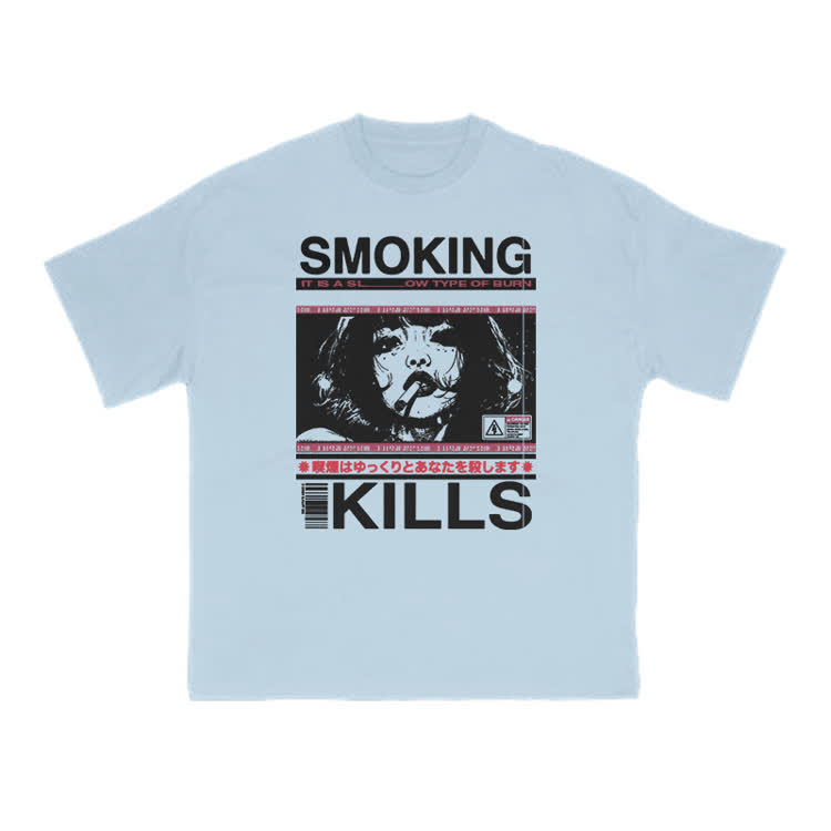 Smoking Kills Retro Manga Style Graphic Print T-Shirt - Light Blue - US16-18(2XL) - image 14