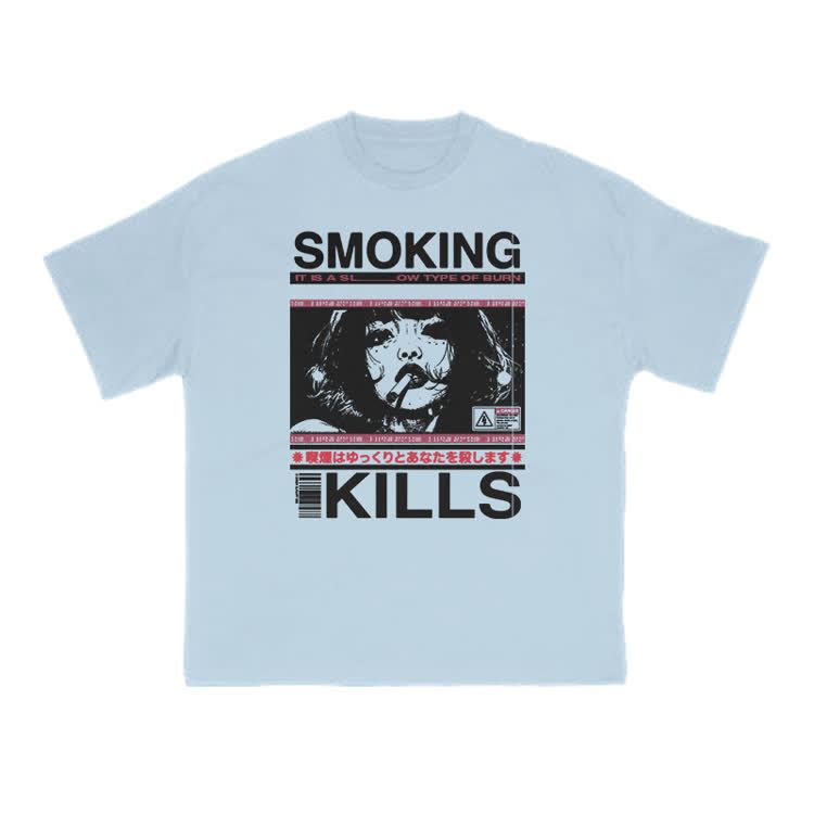 Smoking Kills Retro Manga Style Graphic Print T-Shirt - Light Blue - US16-18(2XL) - image 14