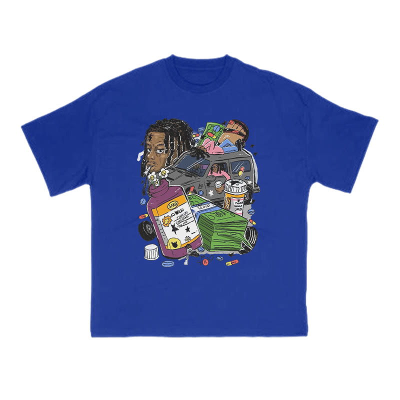 Unisex 100% Cotton Creative Illustrations Print T-shirt - Blue - US16-18(2XL) - image 7