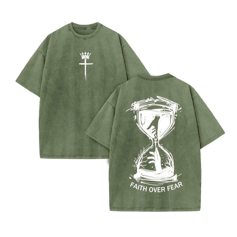 Unisex 100% Cotton Faith Hourglass Print Acid Washed T-shirt - Army Green - US20-22(3XL) - image 6