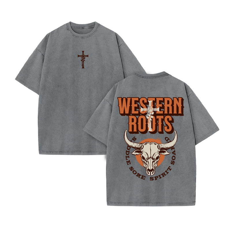 Unisex 100% Cotton WESTERN ROOTS Western Style Print Acid Washed T-shirt