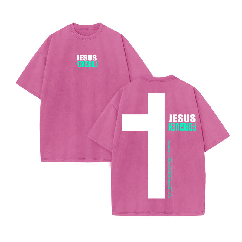 Unisex 100% Cotton Jesus Forgiven Print Acid Washed T-shirt - Pink - US20-22(3XL) - image 8