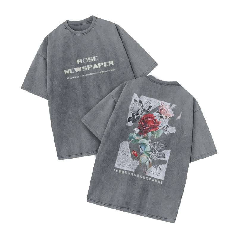 Rose Newspaper Print Acid Washed T-shirt - Grey - US20-22(3XL) - image 3