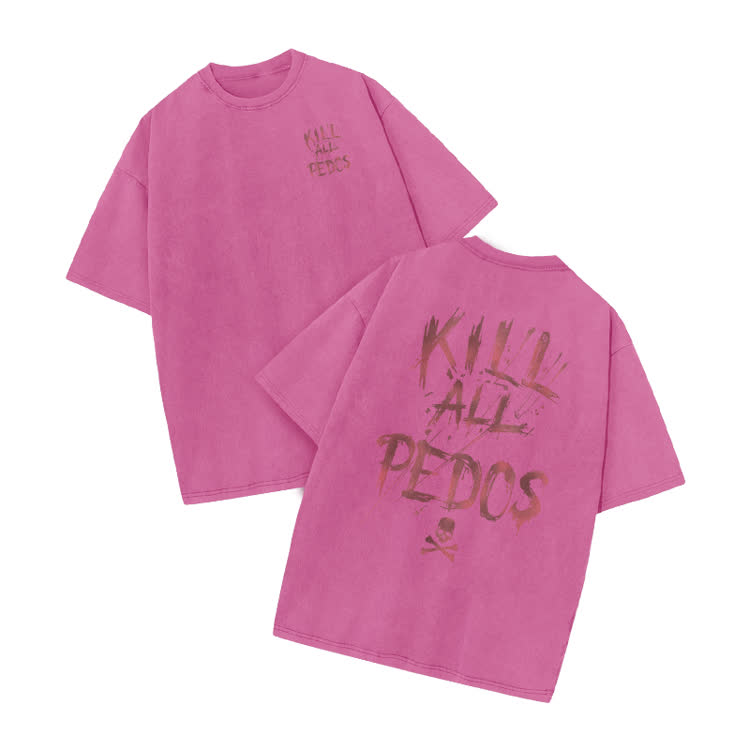  Kill All Pedos Print Acid Washed T-Shirt - Pink - US20-22(3XL) - image 4