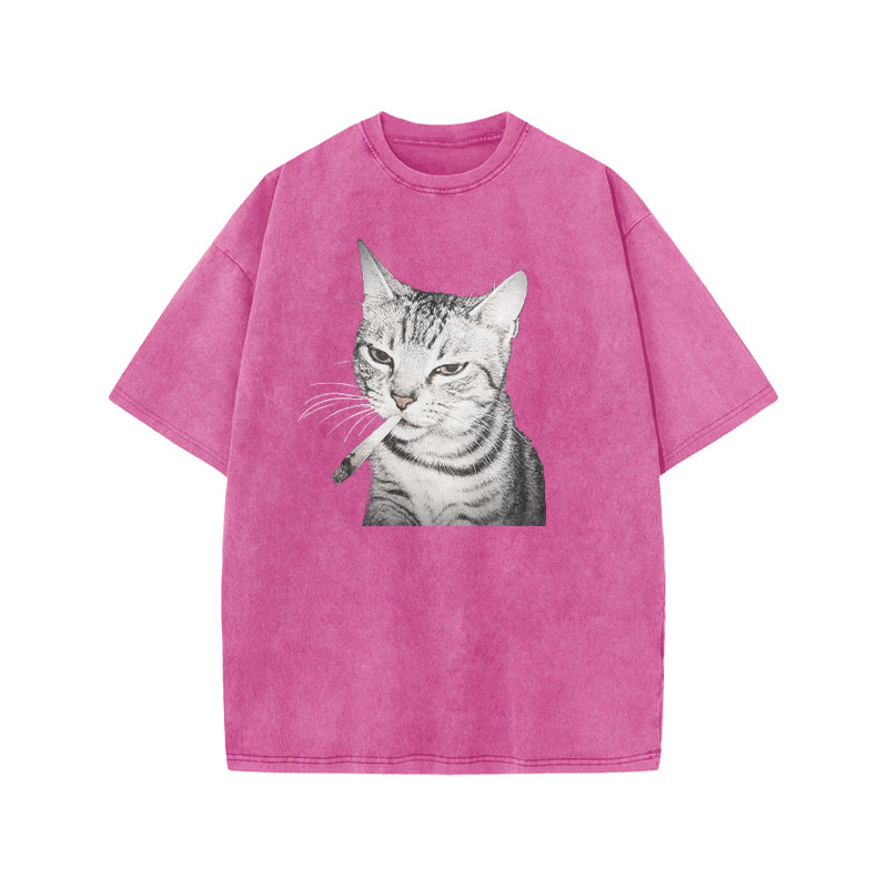 Tabby Cat With A Cigarette In Its Mouth Print Acid Washed T-shirt - Pink - US20-22(3XL) - image 6
