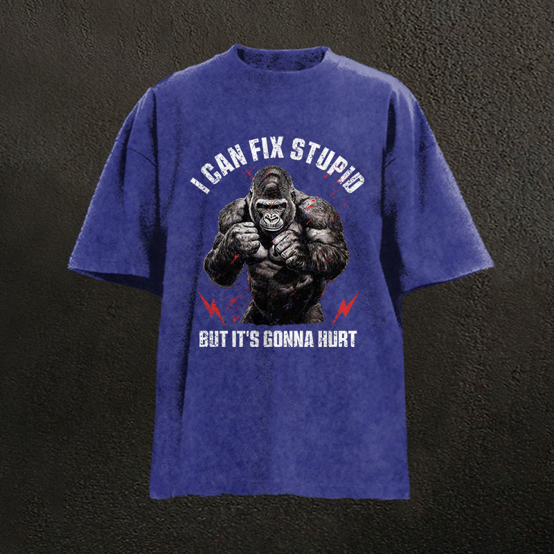 100% Cotton I Can Fix Stupid Gym Print Acid Washed T-shirt - Blue - US20-22(3XL) - image 5