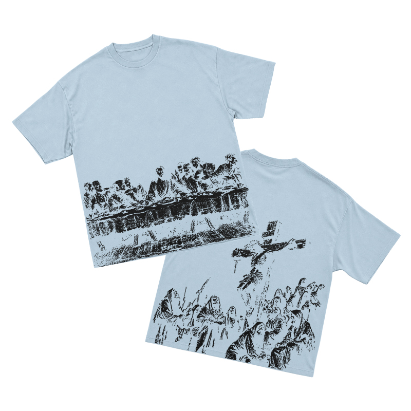 Vintage Artful Ink Wash Style Character Illustration Graphic T-shirt - Light Blue - US16-18(2XL) - image 12